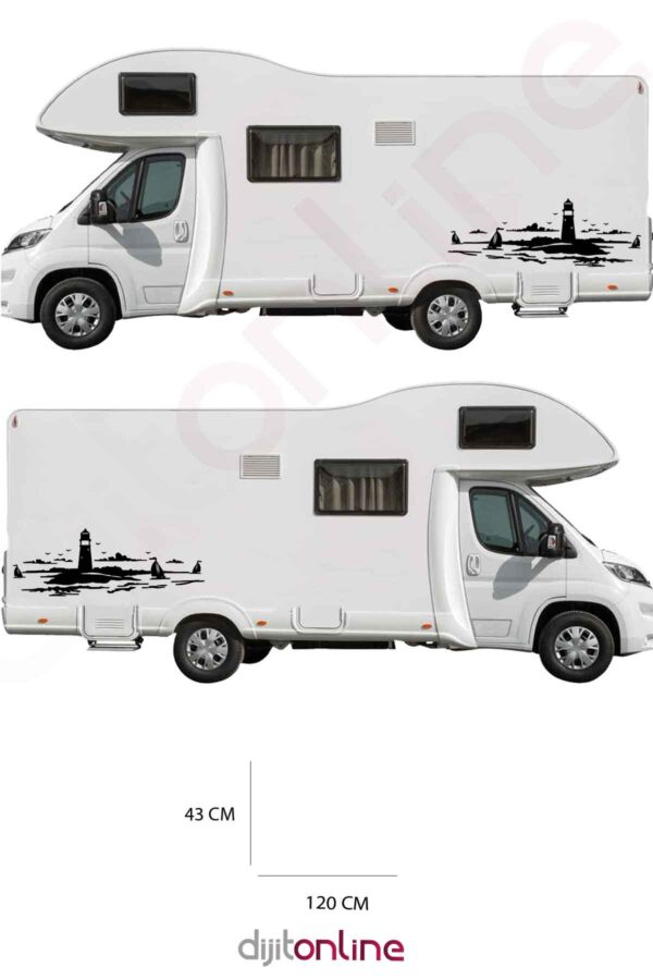 2 Adet Karavan Sticker - Deniz Feneri Sticker - Kayık Sticker - Kuş Sticker - 120x43 Cm