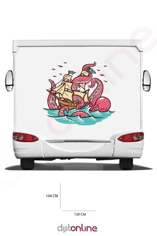 Karavan Baskı Sticker - Deniz Sticker - Gemi Sticker - Tekne Sticker - Ahtapot Sticker - 120x104 Cm