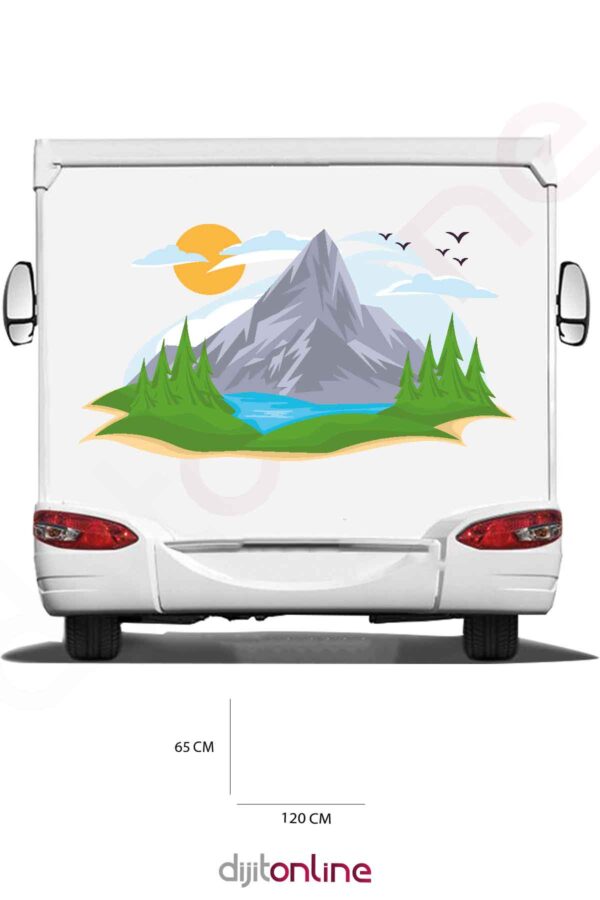 Karavan Baskı Sticker - Orman ve Dağ Sticker - Kuş ve Güneş Sticker - 120x65 Cm