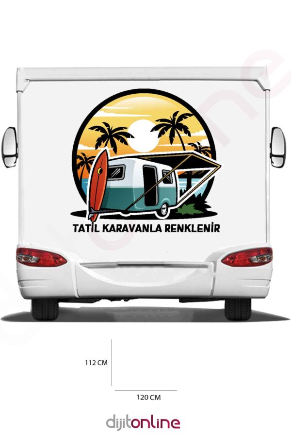 Karavan Baskı Sticker - Palmiya ve Güneş Manzaralı Sticker - 120X112 Cm