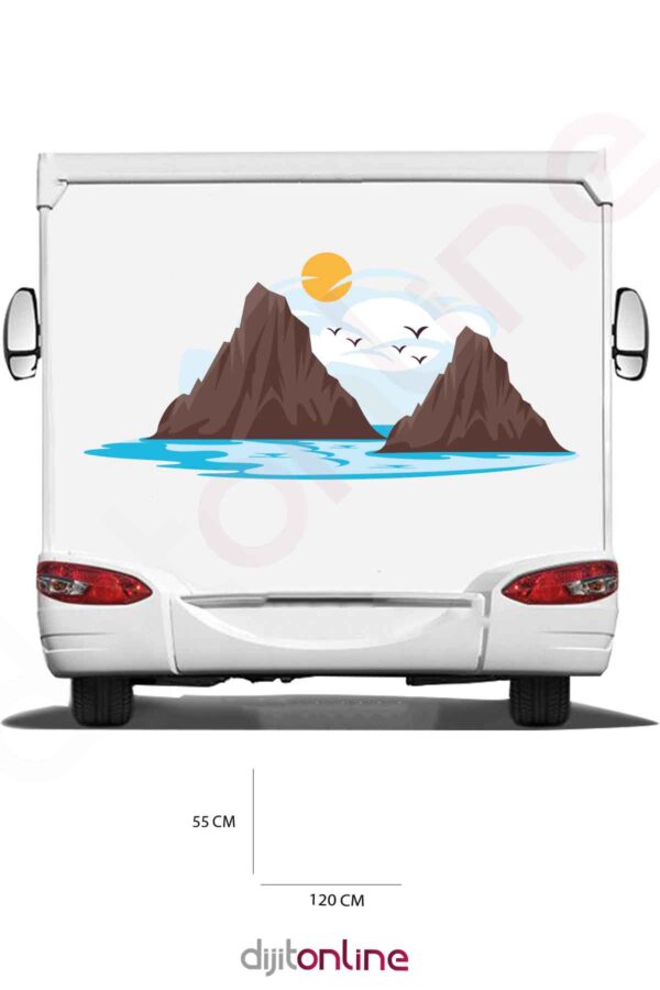 Karavan Baskı Sticker - Karavan Deniz Dağ Sticker - Karavan Manzara Sticker - 120x55 Cm