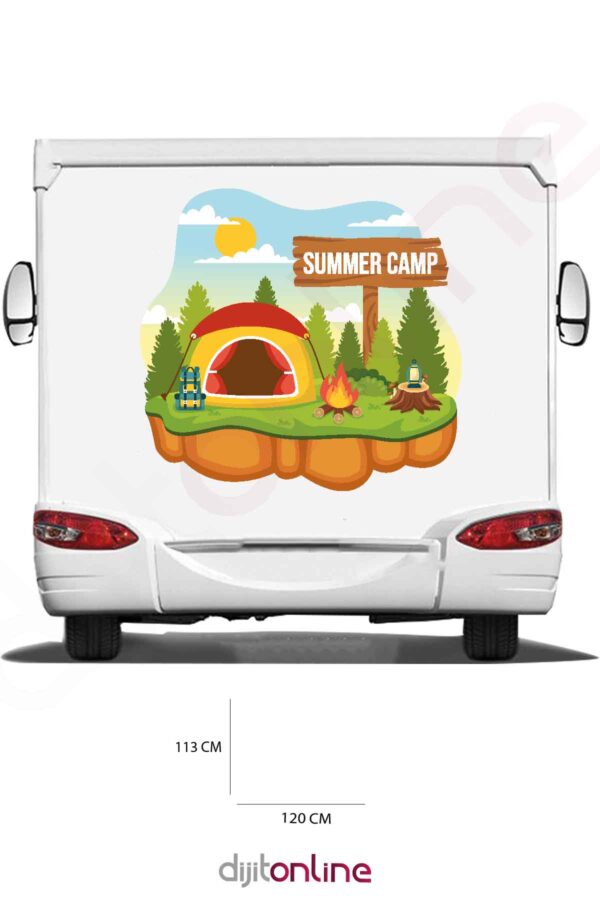 Karavan Kamp Baskı Sticker - Karavan Çadır Ağaç Ve Güneç Sticker - 120x113 Cm