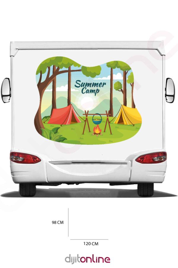 Karavan Kamp Baskı sticker - Karavan Çadır Ateş Ve Güneş Sticker - 120x98 Cm