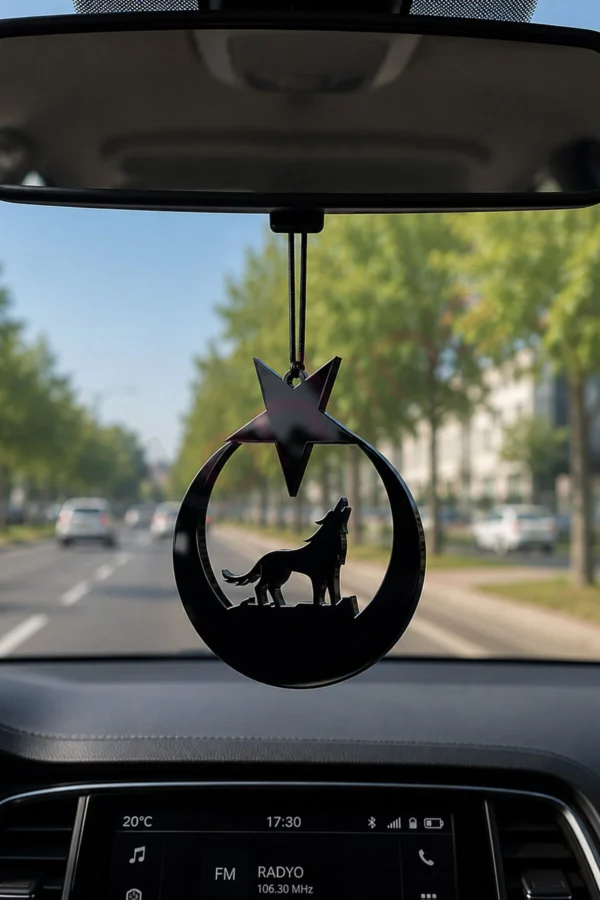 Bozkurt Ay Yıldız Dikiz Aynası Süsü Siyah Parlak Pleksi Araç Süsü 3 Boyutlu Oto Aksesuar 6x7,5 cm